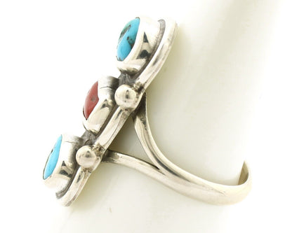 Navajo Ring 925 Silver Sleeping B Turquoise & Coral Native American Artist C.80s