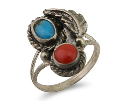 Navajo Handmade Ring 925 Silver Coral & Turquoise Native Artist C.80's