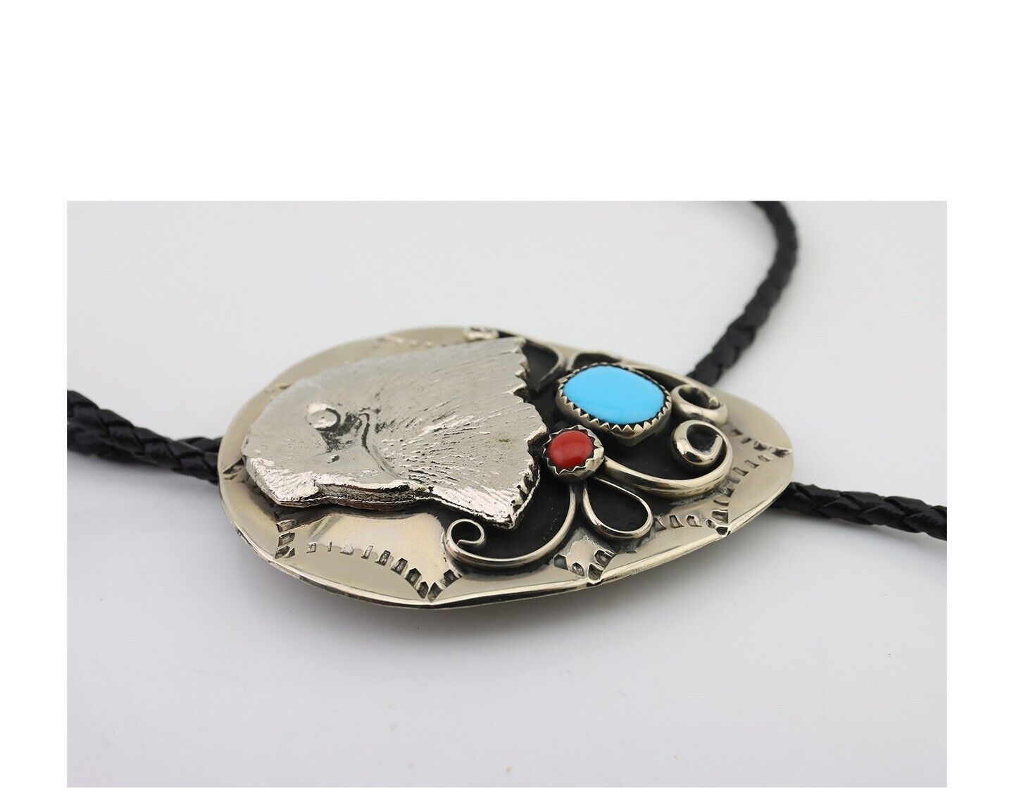 Navajo Eagle Bolo Tie .999 Nickel Coral & Turquoise Native Artist C.80's