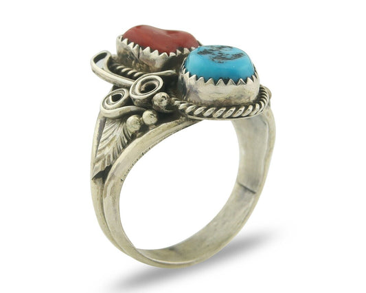Men Navajo Ring 925 Sterling Natural Coral & Turquoise Signed JM C.80's Sz 12.25