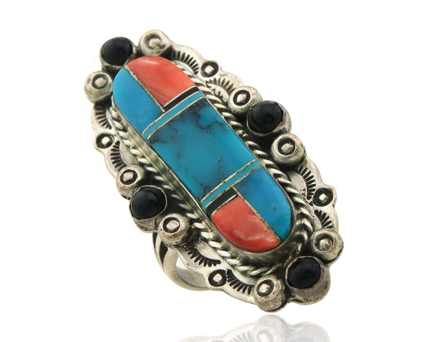Navajo Tiwa Ring Sterling Silver Gemstone Vintage Signed Francis Size 8.25