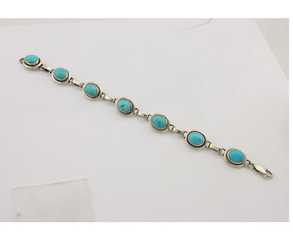 Navajo Link Bracelet 925 Silver Kingman Turquoise Native American Artist C.80's