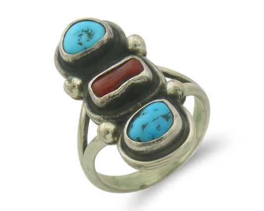 Vintage Navajo Ring 925 Sterling Natural Coral & Turquoise Native Artist Sz 7.0
