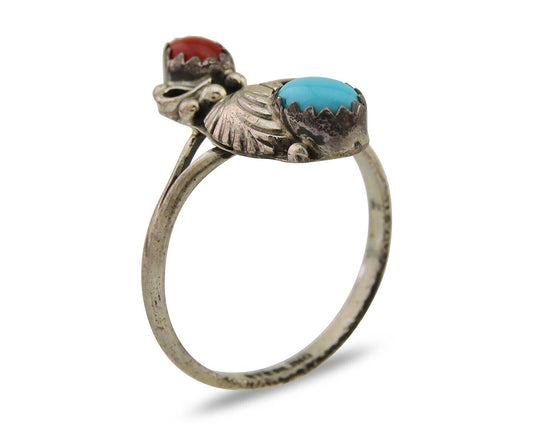 Navajo Handmade Ring 925 Silver Turquoise & Coral Native Artist C.80's