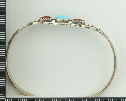 Navajo Bracelet 925 Silver Coral & Turquoise Cuff Signed Running Bear C.80's