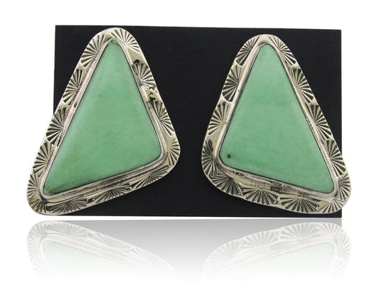 Navajo Earrings 925 Silver Green Turquoise Artist Signed EC C.80's