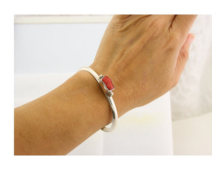 Navajo Bracelet .925 Silver Mediterranean Red Coral Cuff Native Artist C.80's