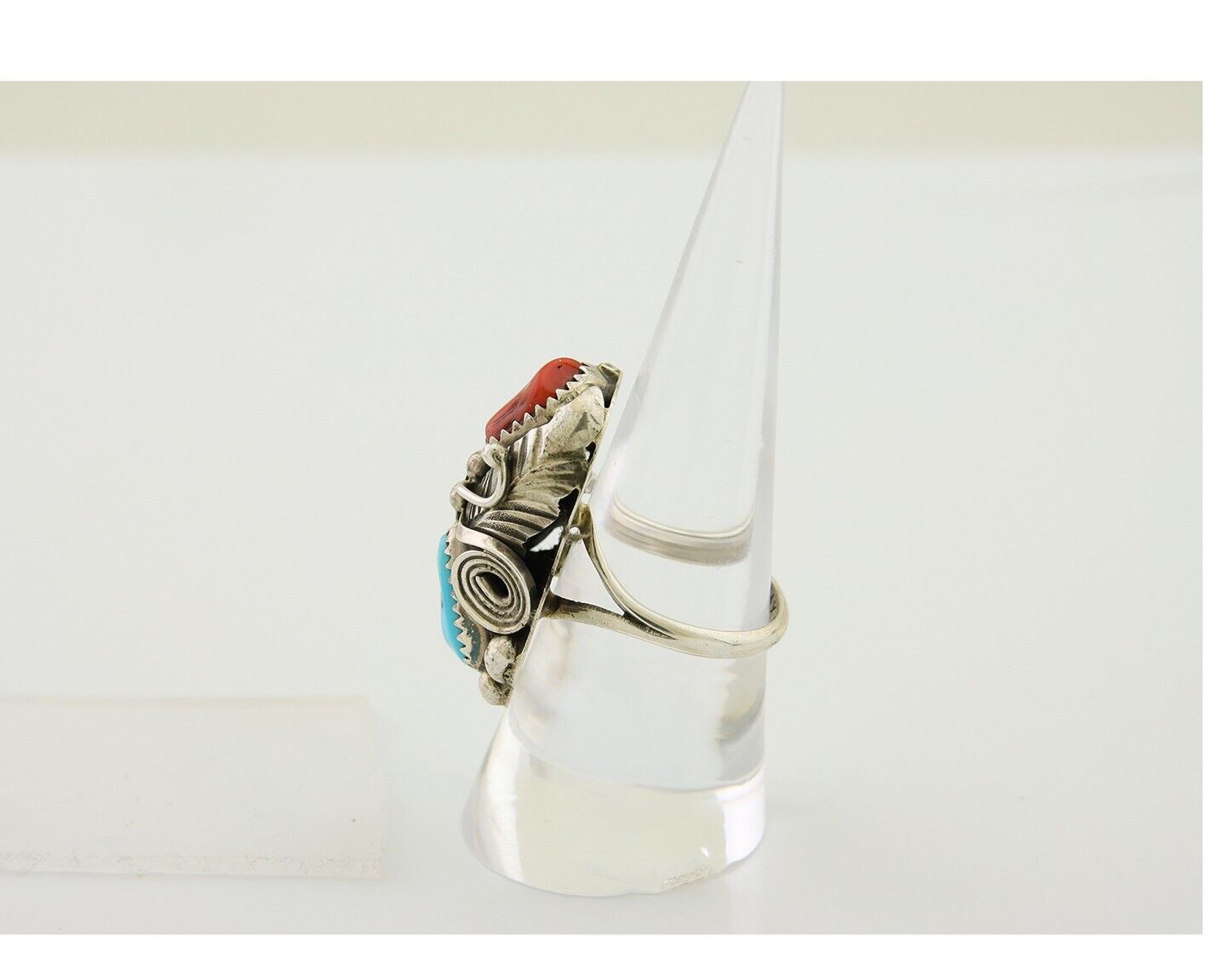 Navajo Handmade Ring 925 Silver Coral & Turquoise Signed Circle Max C.80's