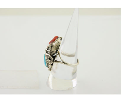 Navajo Handmade Ring 925 Silver Coral & Turquoise Signed Circle Max C.80's