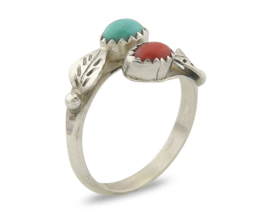 Vintage Navajo Band 925 Sterling Turquoise & Coral Native Artist Size 6.0