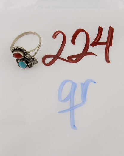 Navajo Handmade Ring 925 Silver Coral & Turquoise Native Artist C.80's