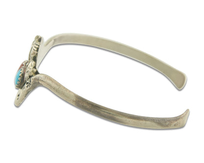 Navajo Bracelet 925 Silver Coral & Turquoise Cuff Signed Running Bear C.80's