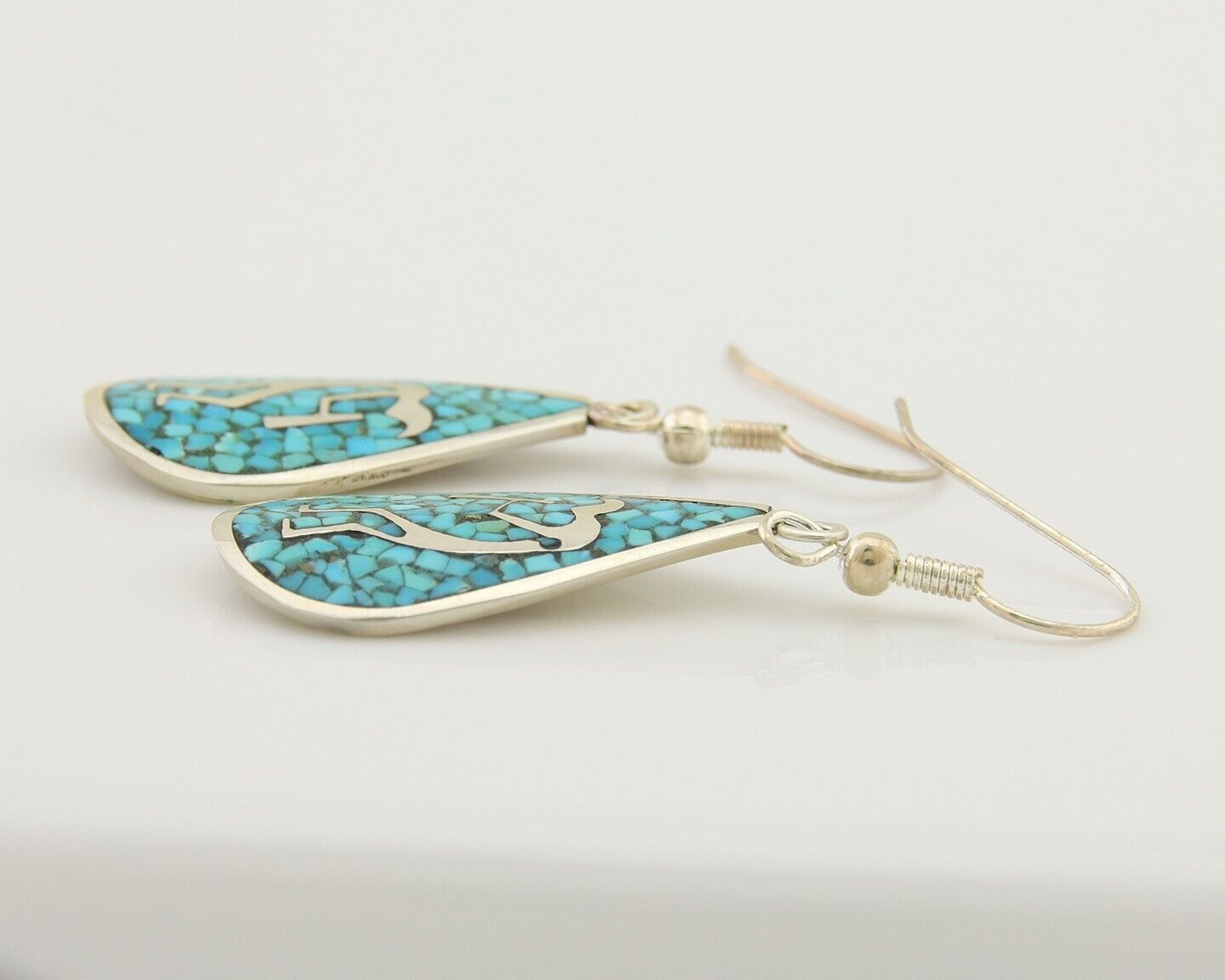 Navajo Kokopelli Earrings 999 Nickel Chip Inlay Turquoise Coral Native American