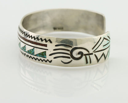 Navajo Inlay Bracelet 925 Silver Turquoise & Coral Signed Stanely Bain C.80's