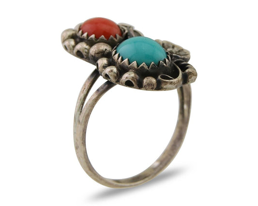 Navajo Ring 925 Silver Turquoise & Coral Native American Artist C.80's