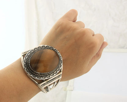 Navajo Cuff Bracelet Sterling Silver Natural Tiger Eye Sapphire Vintage Handmade