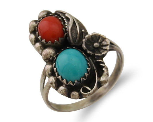 Navajo Ring 925 Silver Turquoise & Coral Native American Artist C.80's