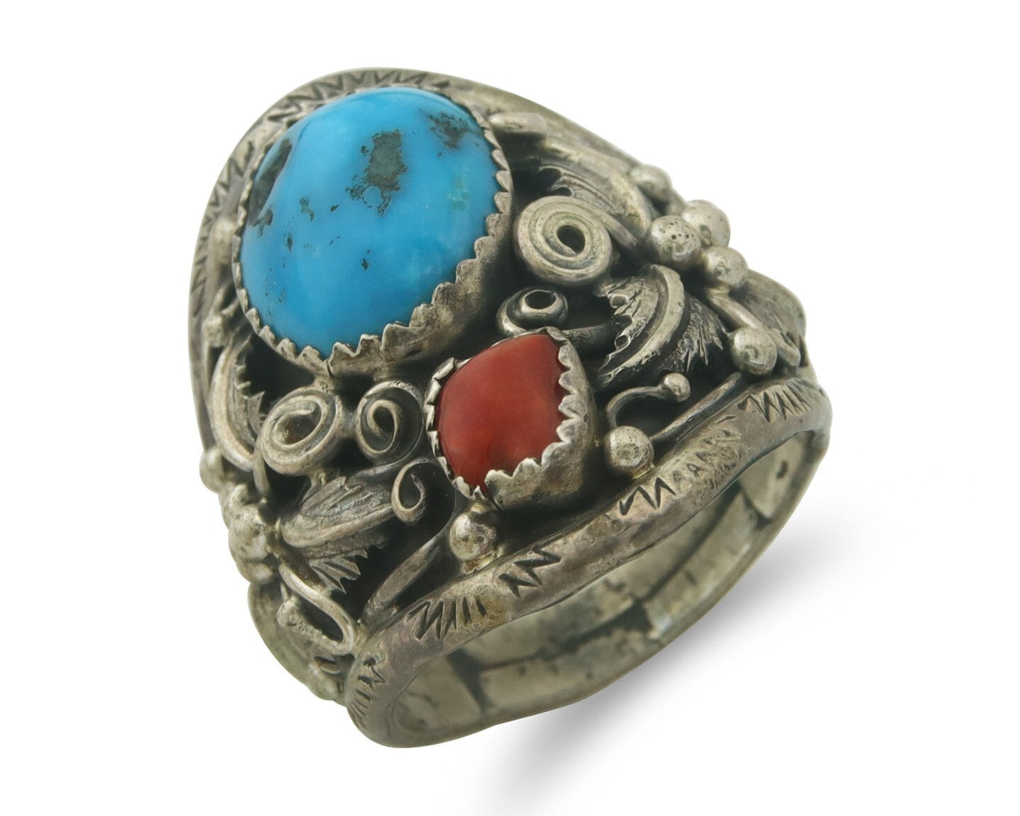 Navajo Ring 925 Sterling Natural Coral & Turquoise Native Artist C.80's Size 9.0