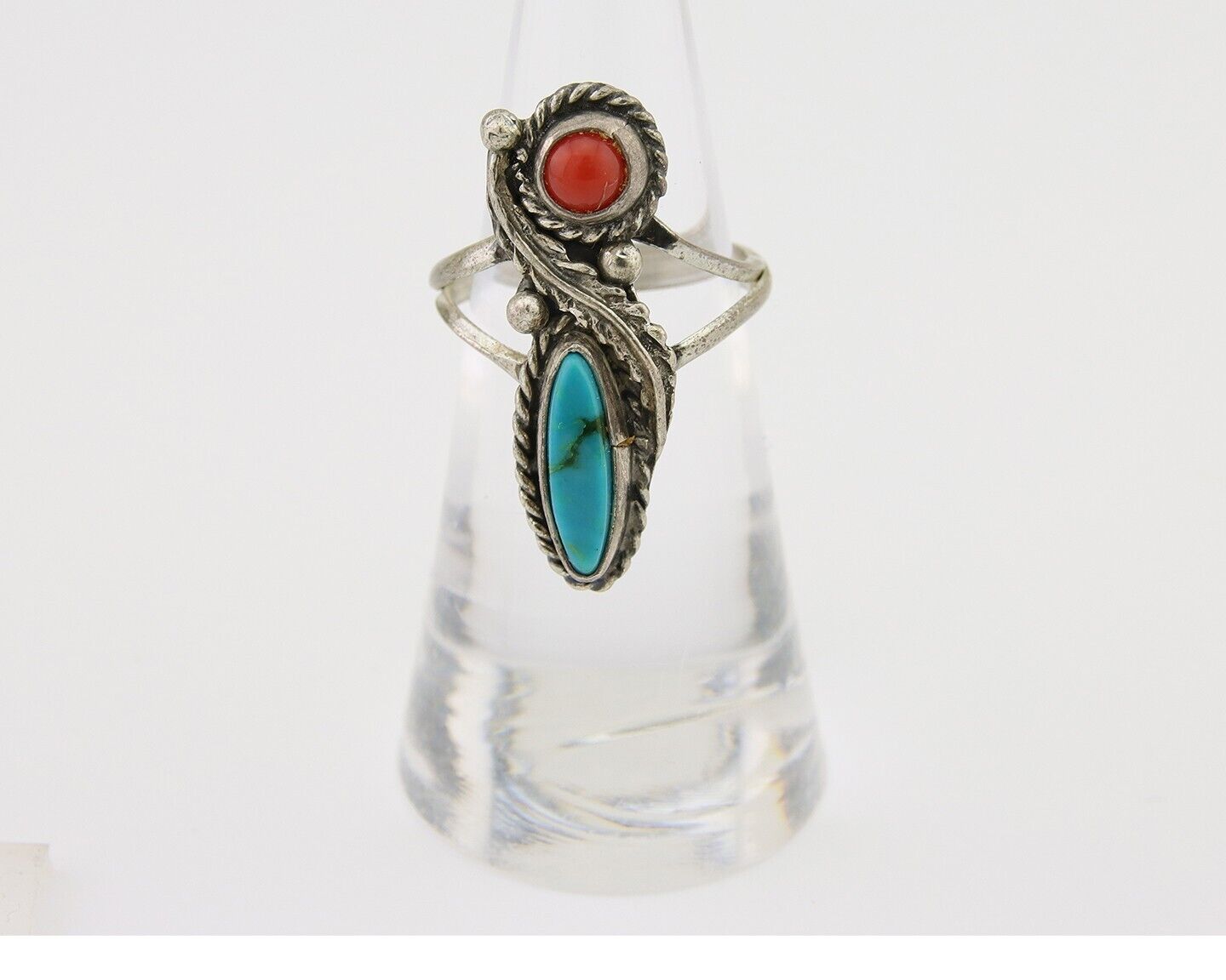Navajo Handmade Ring 925 Silver Coral & Turquoise Native Artist C.80's