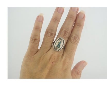 Navajo Ring 925 Sterling Natural Chip Inlay Blue Turquoise C.80's Size 6.0