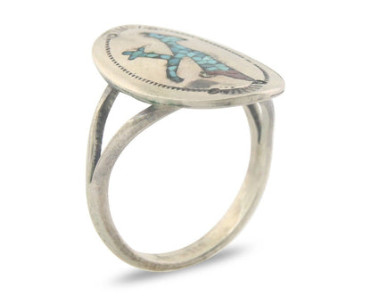 Navajo Ring 925 Sterling Natural Chip Inlay Coral & Turquoise C.80's Size 6.0