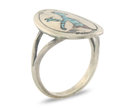 Navajo Ring 925 Sterling Natural Chip Inlay Coral & Turquoise C.80's Size 6.0