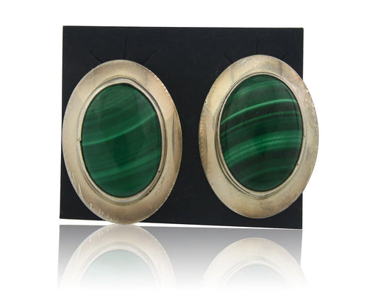 Navajo Earrings 925 Silver Natural Malachite Native American Artist C.80's