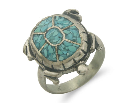 Navajo Ring 925 Silver Inlaid Turtle Turquoise C.80's Size 8.0