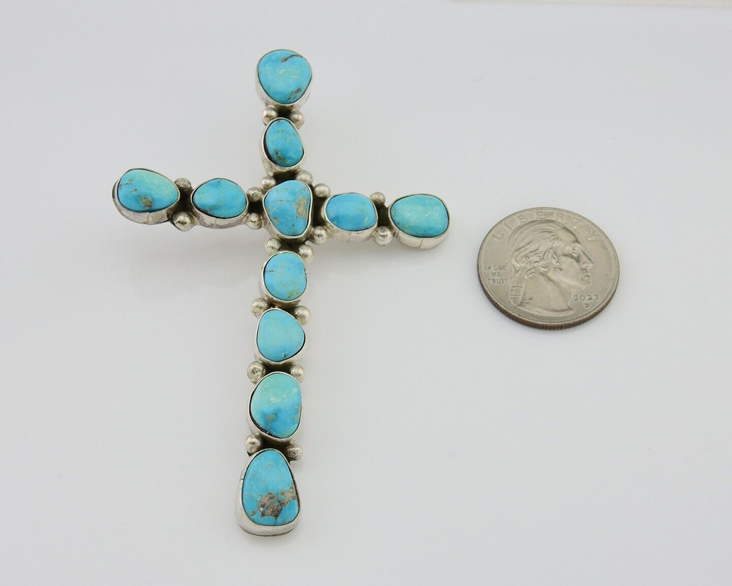 Navajo Cross Handmade Pendant 925 Silver Turquoise Artist Signed Russel Sam C80s