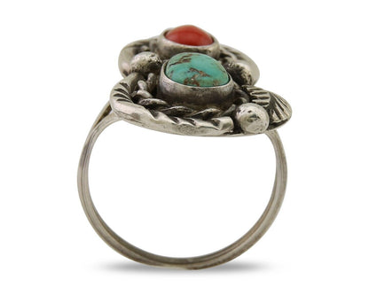 Navajo Handmade Ring 925 Silver Turquoise & Coral Native Artist C.80's