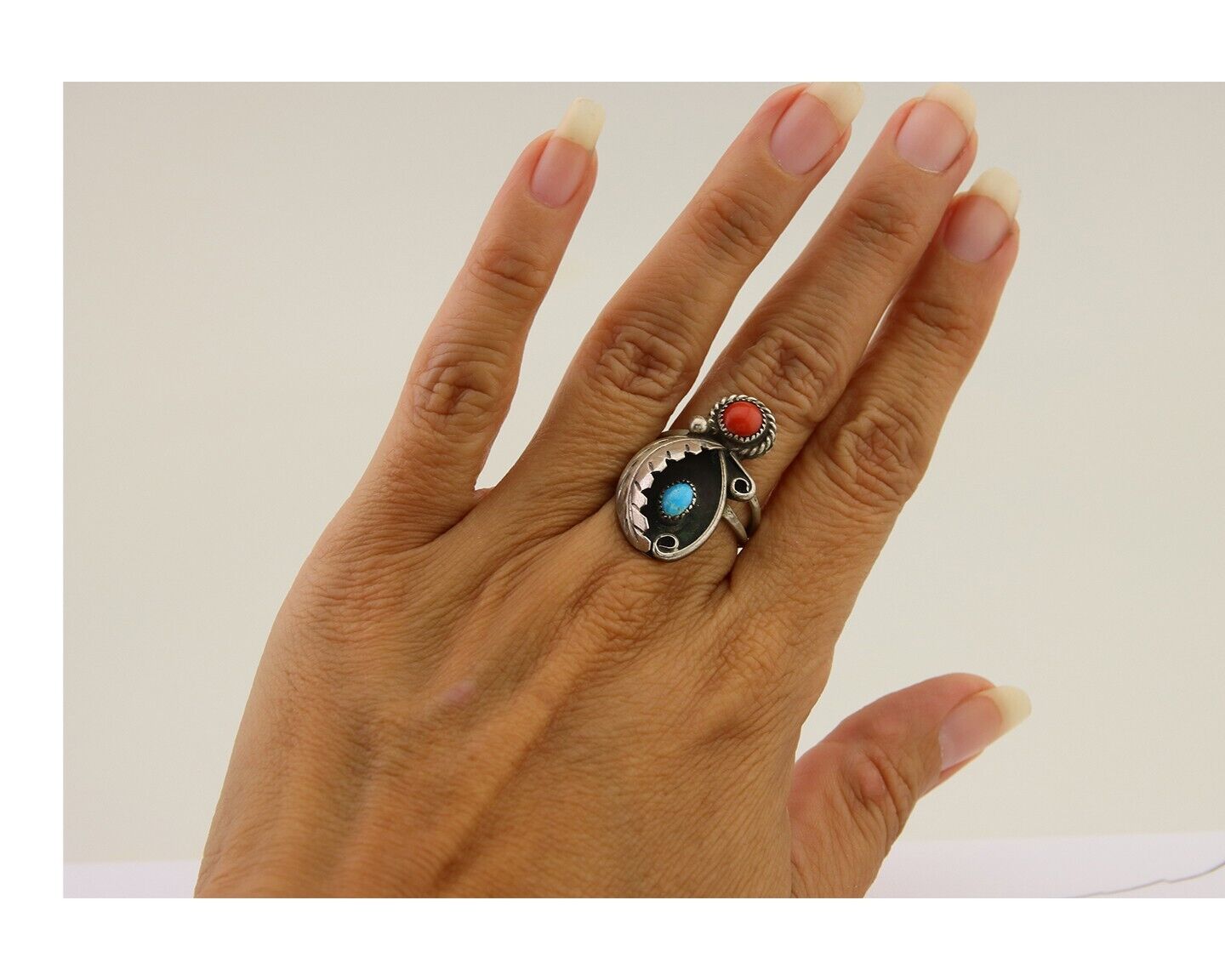 Navajo Handmade Ring 925 Silver Turquoise & Coral Native Artist C.80's