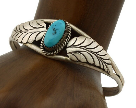 Navajo Handmade Bracelet 925 Silver Natural Blue Turquoise Artist Signed E C.80s