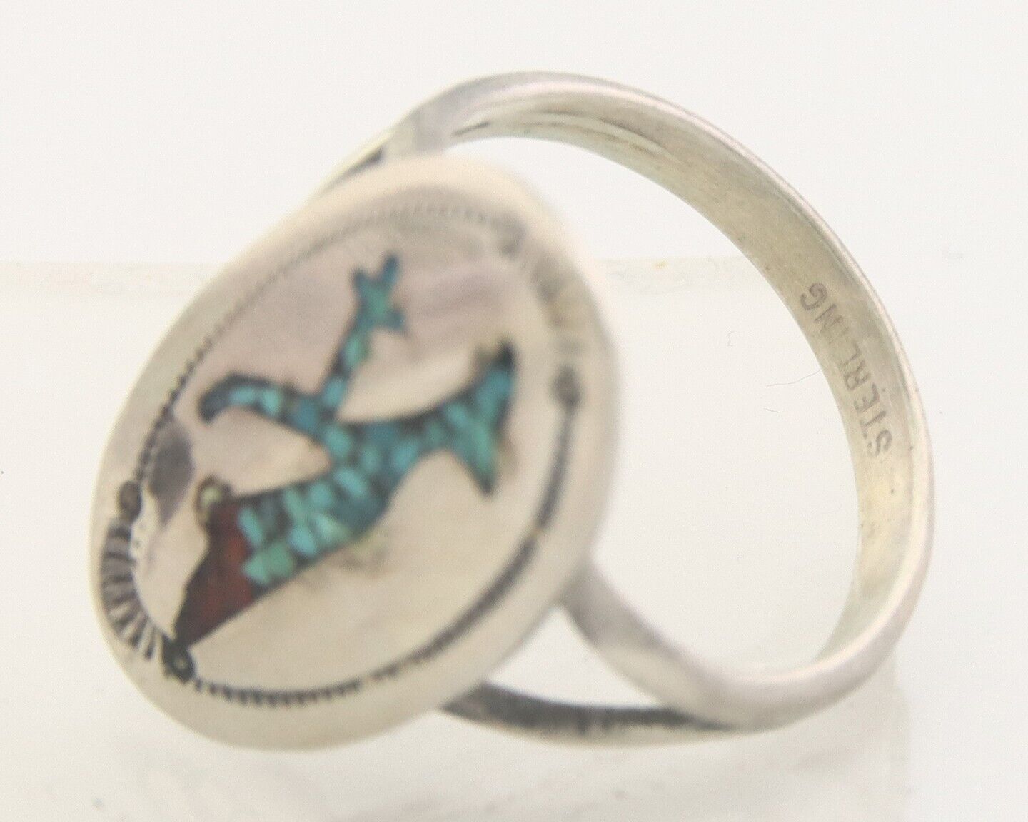 Navajo Ring 925 Sterling Natural Chip Inlay Coral & Turquoise C.80's Size 6.0