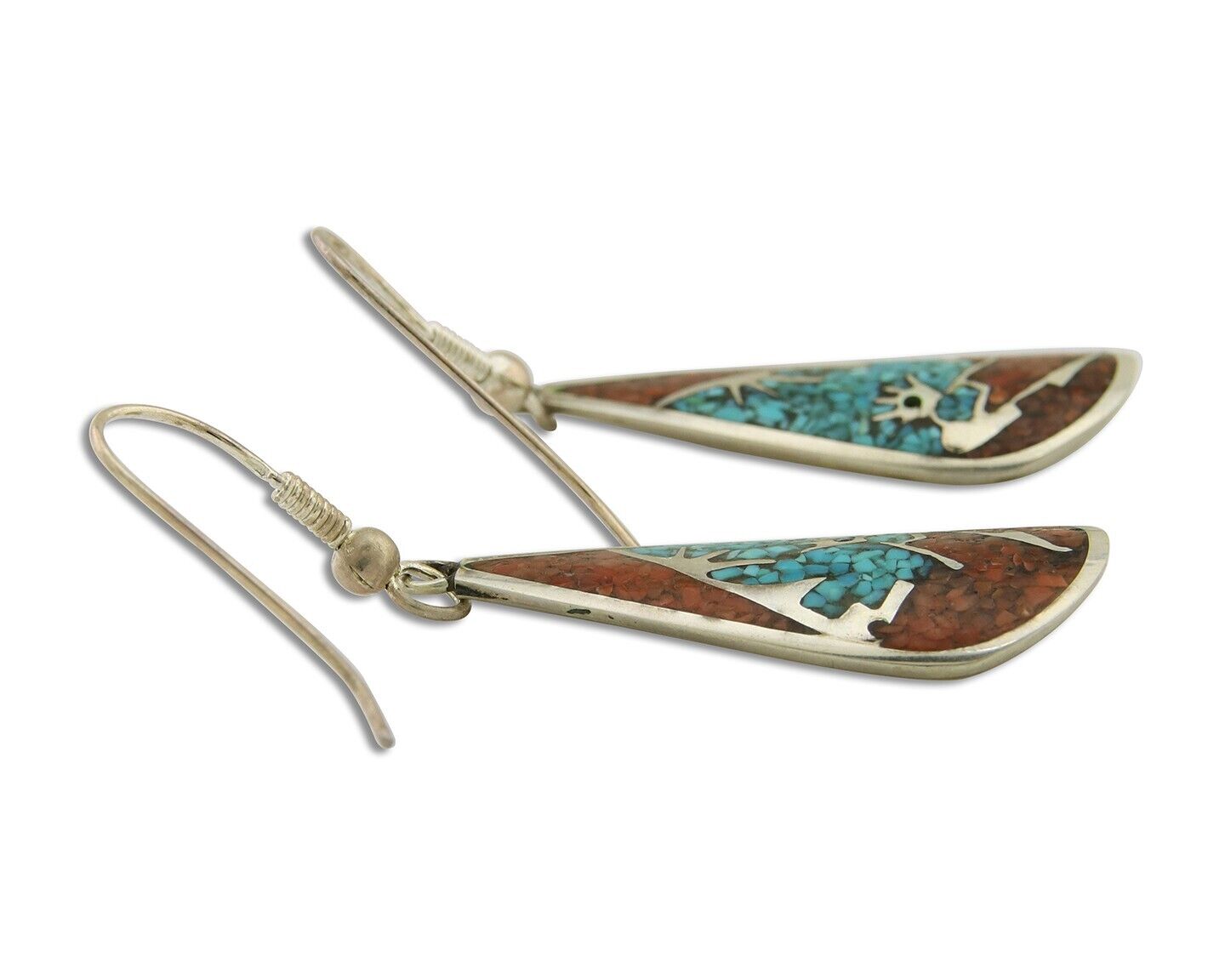 Navajo Kokopelli Earrings 999 Nickel Chip Inlay Turquoise Coral Native American
