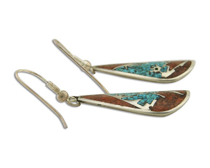 Navajo Kokopelli Earrings 999 Nickel Chip Inlay Turquoise Coral Native American