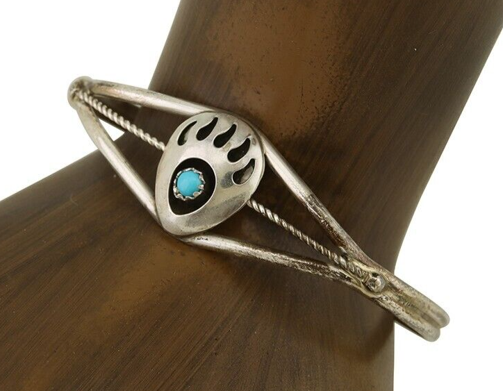 Navajo Paw Bracelet 925 Silver Blue Turquoise Native American Artist C.80's