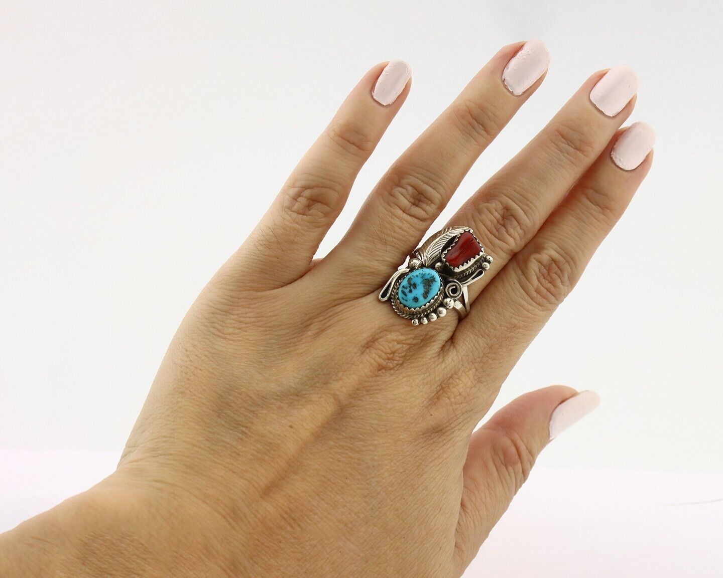 Navajo Ring .925 Silver Turquoise & Coral Artist Signed Justin Morris C.80's