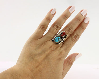 Navajo Ring .925 Silver Turquoise & Coral Artist Signed Justin Morris C.80's