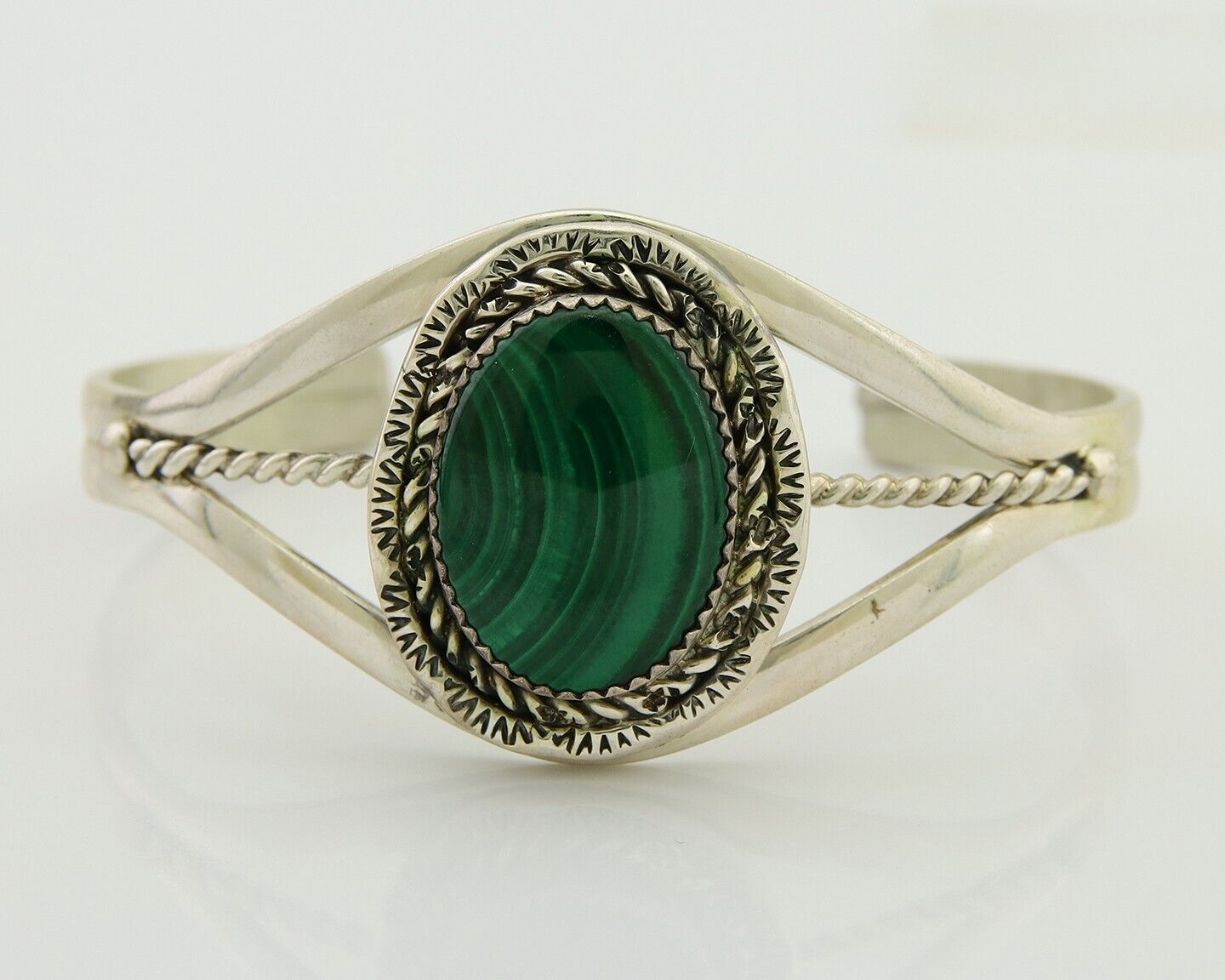 Navajo Cuff Bracelet Natural Malachite 925 Silver Native American Artist C.80s