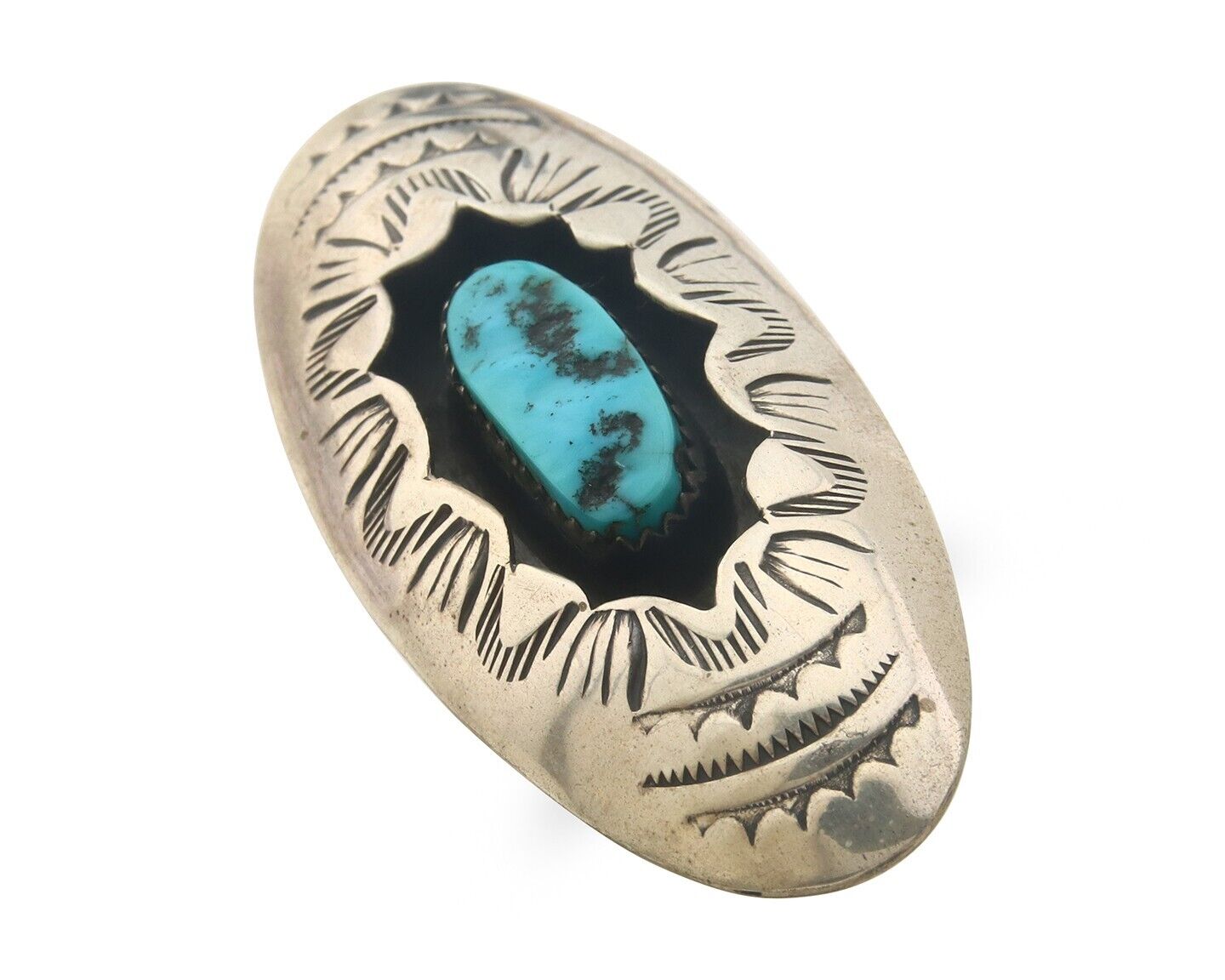 Navajo Ring 925 Sterling Turquoise Hand Stamped Signed J Martinez C.80's Sz 6.5