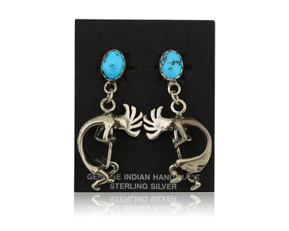 Navajo Dangle Kokopelli Earrings 925 Silver Natural Turquoise Native Artist C80s