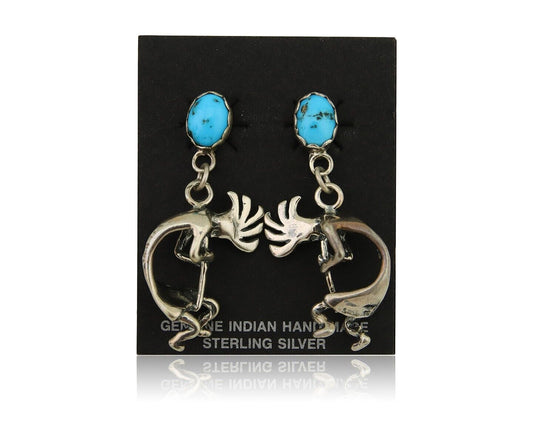 Navajo Dangle Kokopelli Earrings 925 Silver Natural Turquoise Native Artist C80s