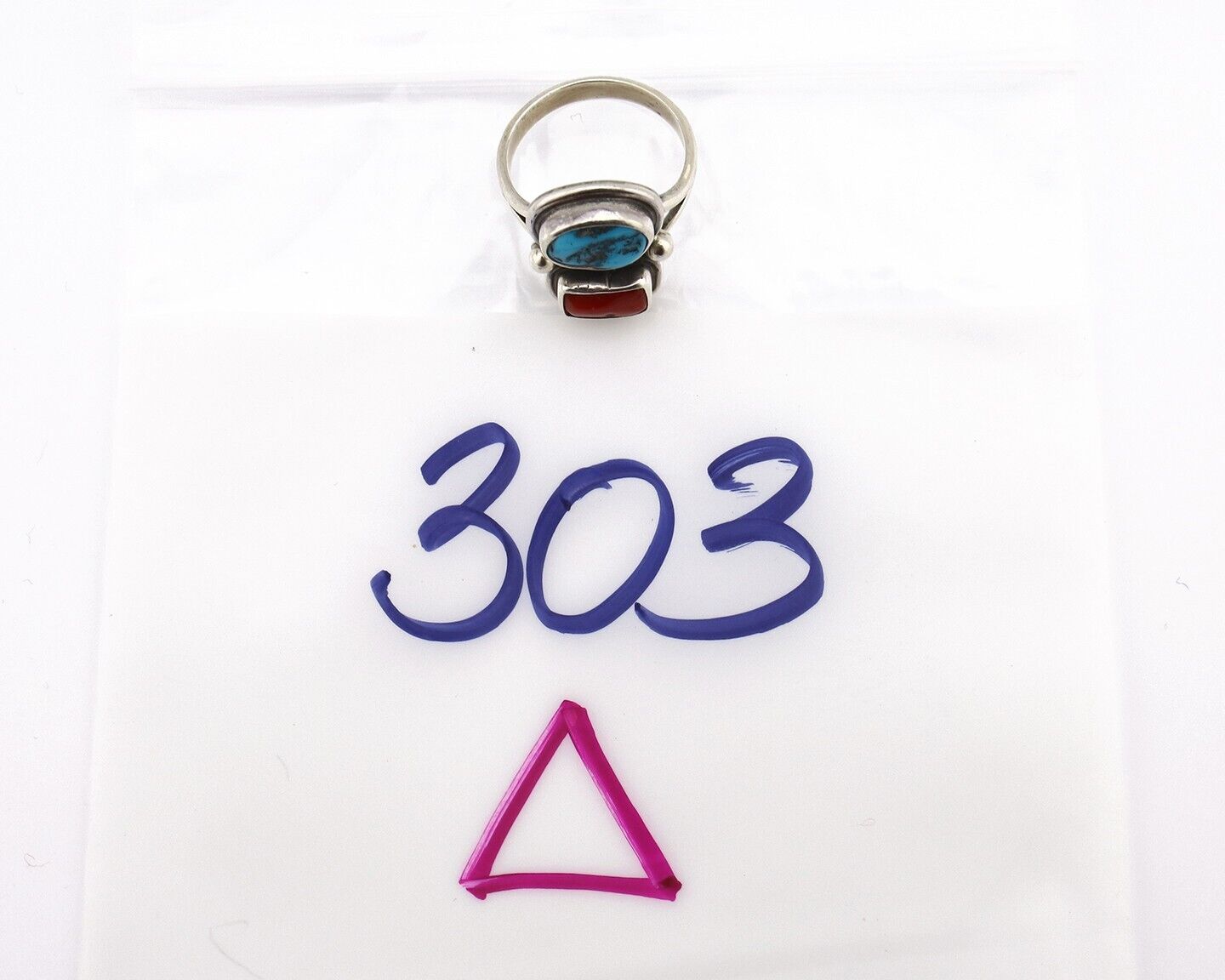 Navajo Ring 925 Silver SB Turquoise & Red Coral Native American Artist C.80s