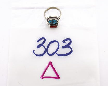 Navajo Ring 925 Silver SB Turquoise & Red Coral Native American Artist C.80s