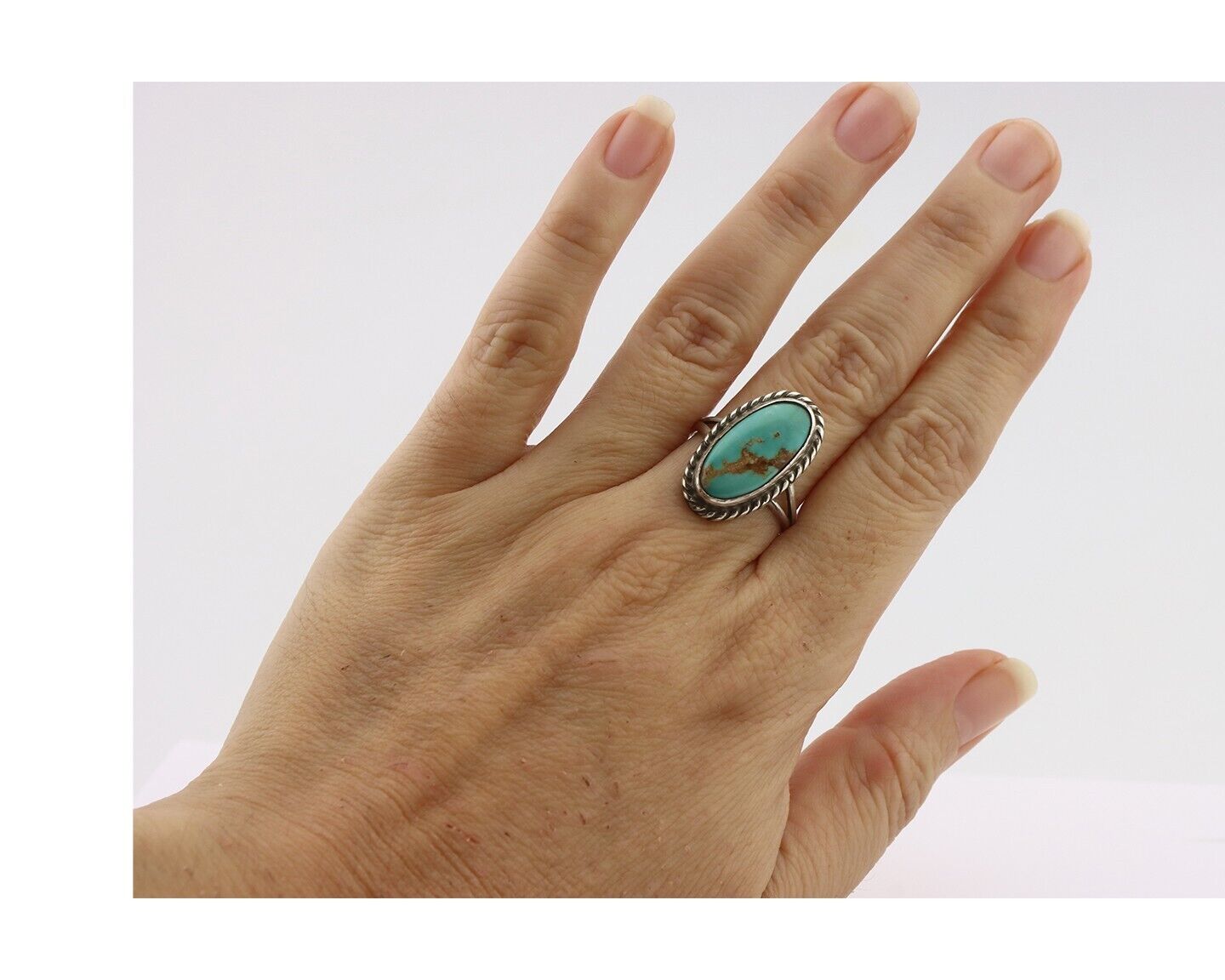 Navajo Ring 925 Silver Natural Kingman Turquoise Signed M Montoya C.80's