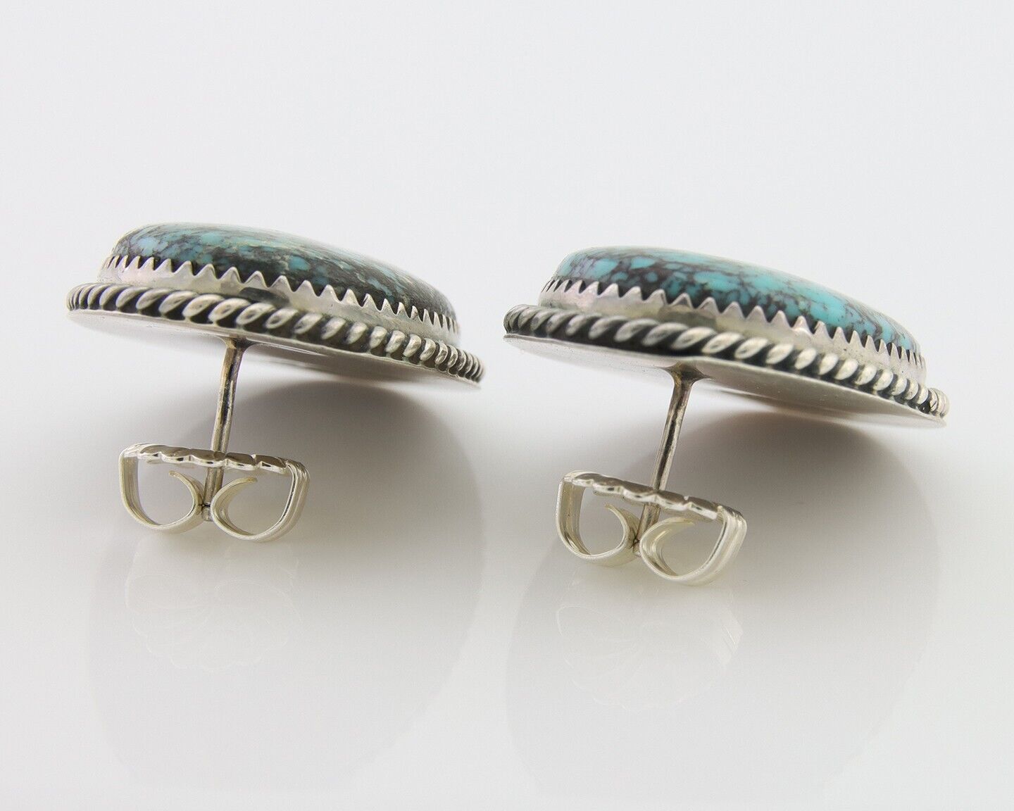 Navajo Earrings 925 Silver Blue Diamond Turquoise Signed Running Bear C.80's