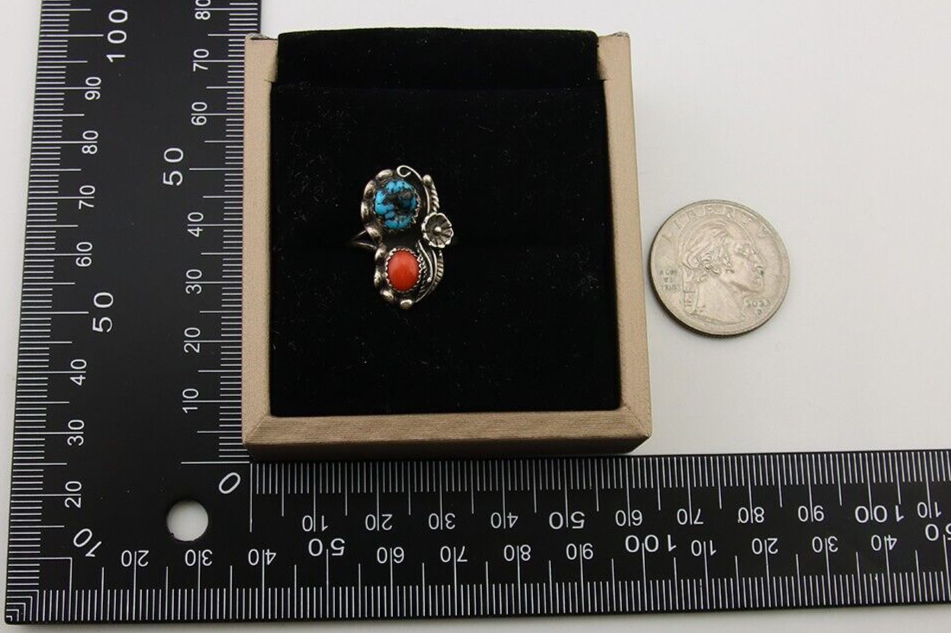 Navajo Ring 925 Silver Turquoise & Coral Artist Signed SC C.80's