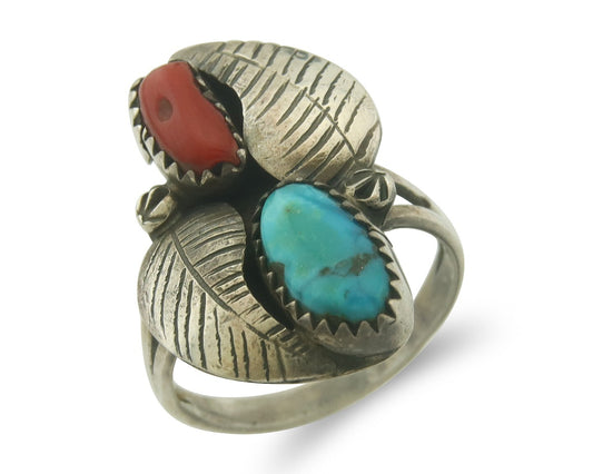 Vintage Navajo Ring 925 Sterling Natural Coral & Turquoise Native Artist Sz 7.5