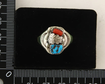 Navajo Ring 925 Sterling Turquoise & Coral Native Artist C.80's Size 10.75