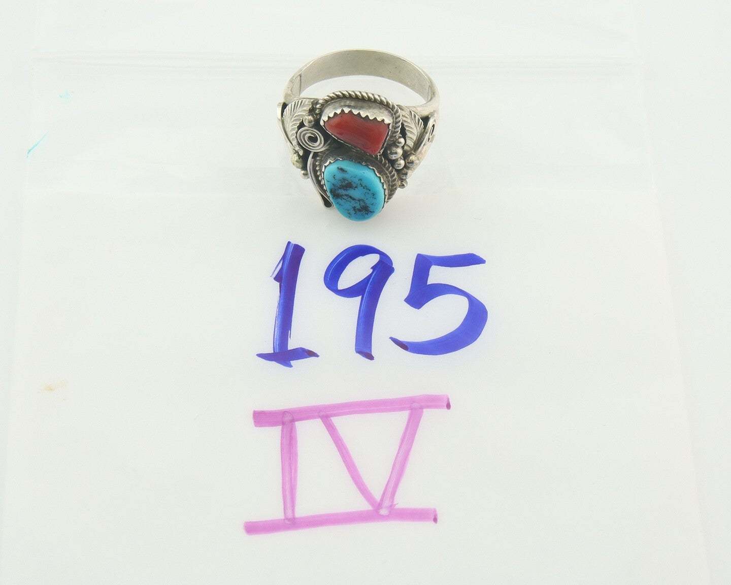 Men Navajo Ring 925 Sterling Natural Coral & Turquoise Signed JM C.80's Sz 12.75